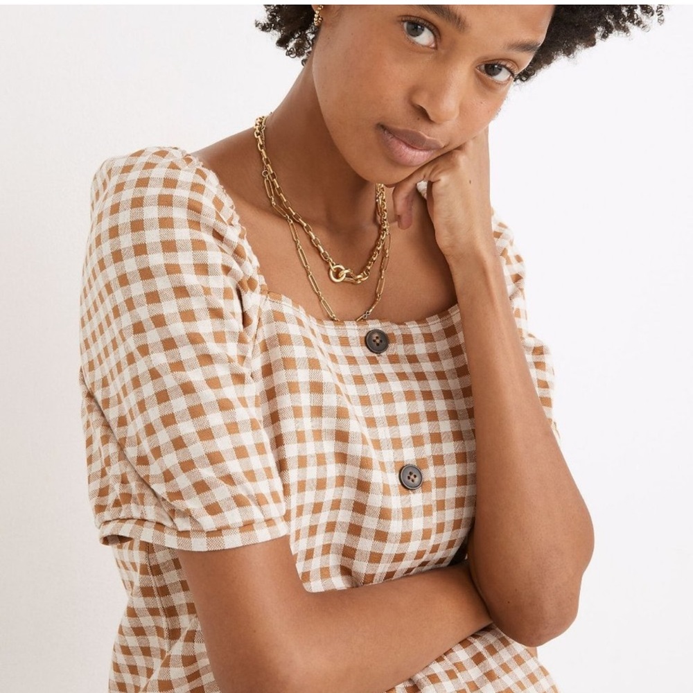 Madewell Checkered Tan and White Buttoned Blouse